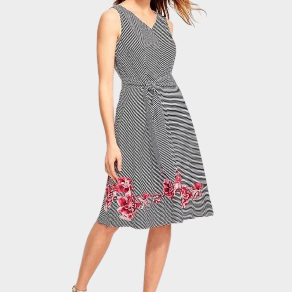 TALBOTS Striped Floral Embroidered Fit & Flare Dress V-Neck Midi Size 2P
